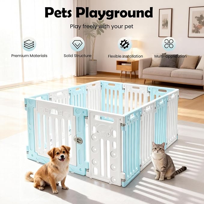 Dog Playpen, Large Pet Playpen with Cute Patterns & 1 Door & 11 Freely Combinable Panels Dog Fence Large Crate for Pets Pet Safety Fence Pet Essentials for Small/Medium Dogs (Blue & White)