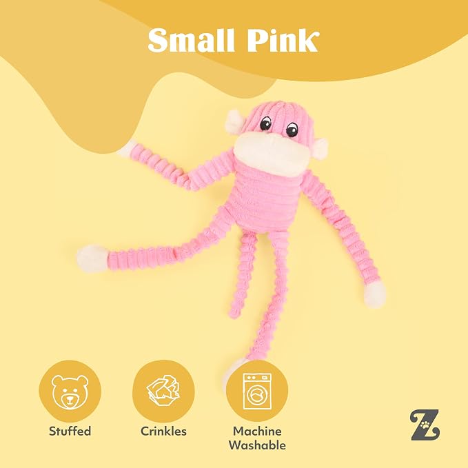 ZippyPaws Crinkle Monkey Squeaky Plush Pet Toy for All Breeds - Small, Pink | Interactive Dog Toys to Keep Them Busy, Small and Medium Dogs, Contains 1 Round Squeaker