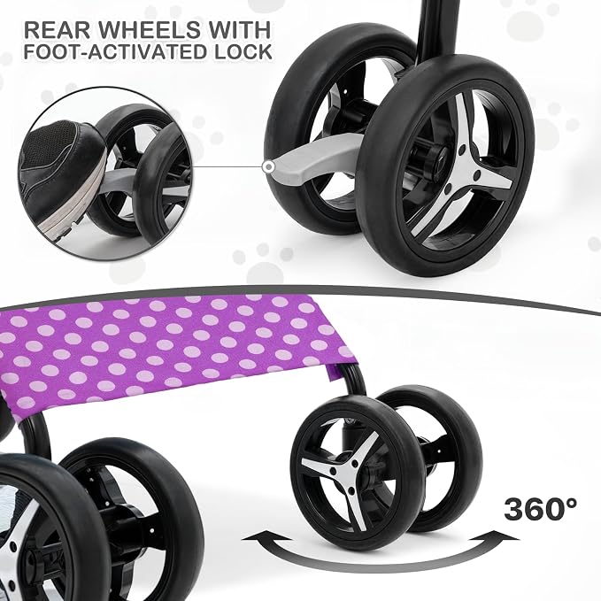 MoNiBloom 4-Wheel Foldable Pet Stroller - Purple Polka Dots