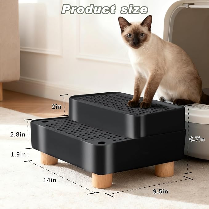 Elevated Cat Ramp for Litter Box, 2 Steps Cat Pedal Step Stool with Wooden Base, Detachable Double Layered Cats Litter Trapper, Suitable for Small&Elderly Cats, Non-Slip(Black)