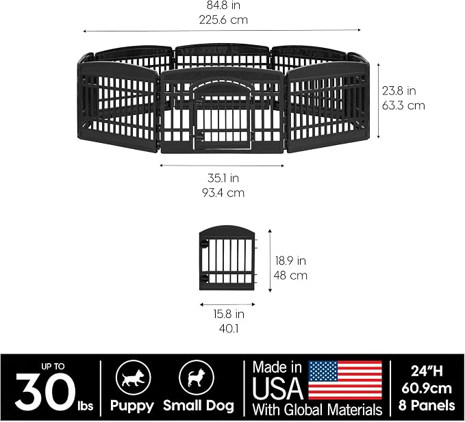 IRIS USA 24" Dog Playpen 8-Panel Pet Exercise Pen with Door Gate 83.5x83.5x24 Puppy Play Pen Indoor Outdoor Plastic Foldable Portable Pet Fence for Small Medium Dogs Puppies Multiple Pets Black