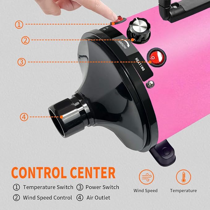 Dog Dryer for Pet Grooming, High-Velocity Force Blow Dryer | Adjustable Temperature and Speed Hair Dryer for Pets with 4 Nozzles
