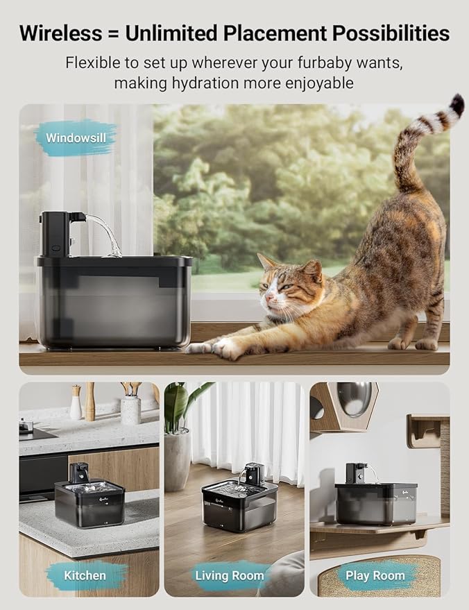 DownyPaws Cat Water Fountain Cordless, 84oz/2.5L Fursink Wireless Pet Water Fountains for Cats Indoor, Battery Operated Cat Drinking Fountain with Motion Sensor, Ultra Quiet Pump, BPA-Free, Black Pro