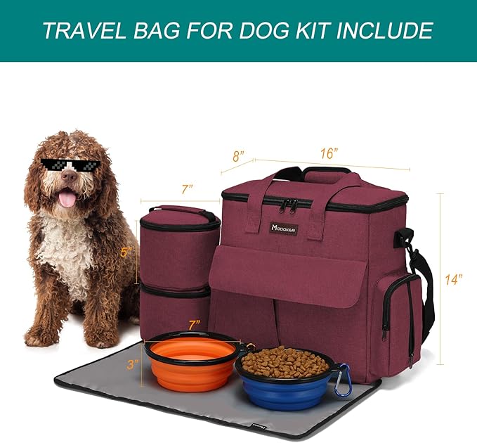 Airline Approved Pet Travel Bag Weekend Set with Food Containers & Bowls, Rose Red