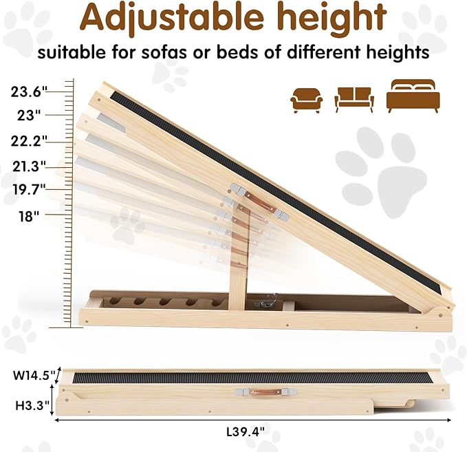 Dog Ramp for Couch, Adjustable Height Ramps for Pets to Get on Bed | Height from 18" to 23.6", with Traction Rubber Mat, Capacity 110ibs, Wooden Portable Stairs for Small Dogs