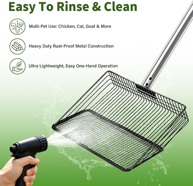 Aoocan Chicken Poop Scooper, 2-in-1 Coop Scoop with 10" & 15" Replaceable Heads, Dual Holes Sifter for Sand Litter, Heavy Duty Poop Shovel for Chicken Coop, Goat Stall & Beach