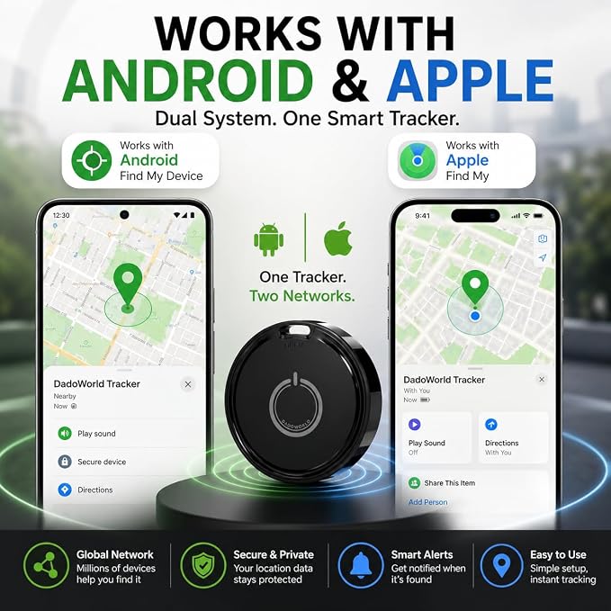 Smart Tag for Android & iPhone, Bluetooth Tracker Works with Google Find My Device & Apple Find My, GPS Item Finder for Keys, Wallet, Luggage & Pets, Loud Alarm, Replaceable Battery by DadoWorld