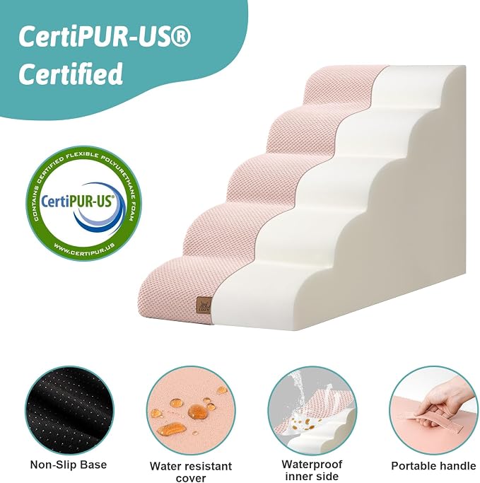 COZY KISS Dog Stairs for High Bed 22.6" H, Small Dog Step for Puppy, Older or Cat, Curved Ramp for Car, Ladder with High Density Foam, Lightweight, Durable, 15.7x33x22.6 inch, 5 Step, Pink