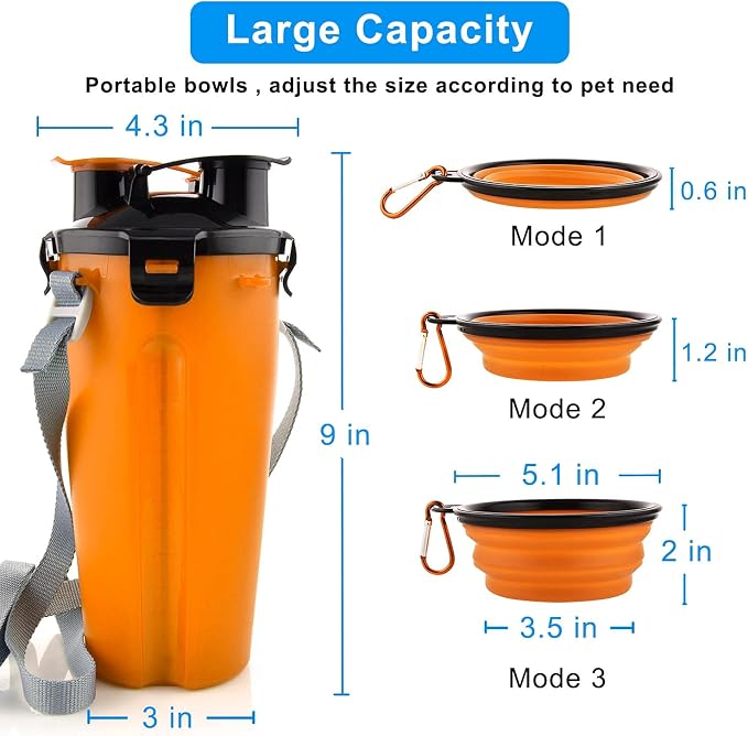 Dog Travel Water Bottle, 2-in-1 with Collapsible Bowl, Orange