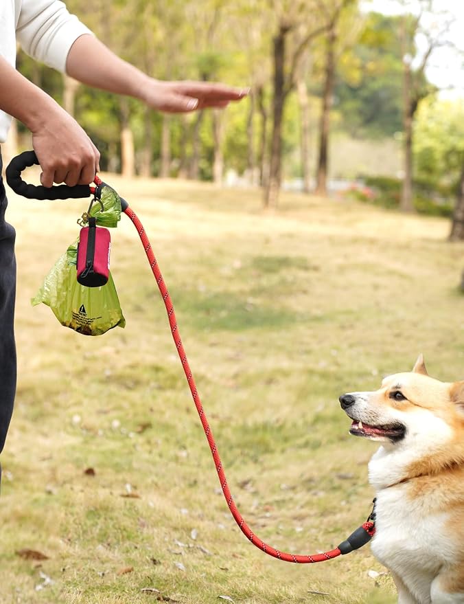 Gobeigo Dog Poop Bag Holder for Leash, Large Opening for Easy Pull Out, Doggy Poo Bag Dispenser with Used Waste Bag Carrier Suitable for Any Retractable Leash with 15 Unscented Bags (Red)