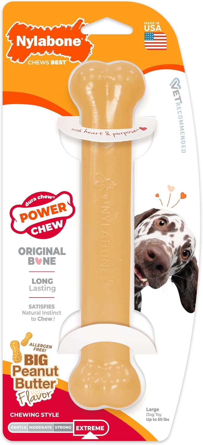 Nylabone Power Chew Classic Bone Chew Toy for Dogs, Durable Dog Toys for Aggressive Chewers, Peanut Butter Flavor, Large/Giant - Up to 50 lbs. (1 Count)
