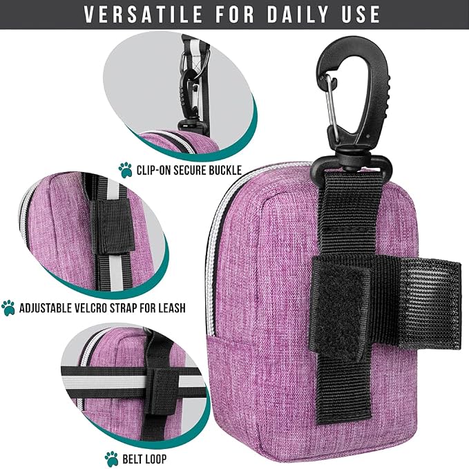 PetAmi Dog Poop Bag Holder for Leash, Dog Pet Waste Bag Dispenser For Poop with Clip for Doggie Puppy Walking Accessories Travel Camping, Dog Treat Pouch Supplies, Purple