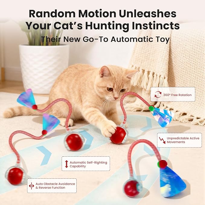Rocfish Durable Interactive Cat Toys for Indoor Cats (red, 03) | Smart Automatic Cat Chase Ball Toy, Upgraded Speedy Tail Kitten Toy for Bored Indoor Adult Pets