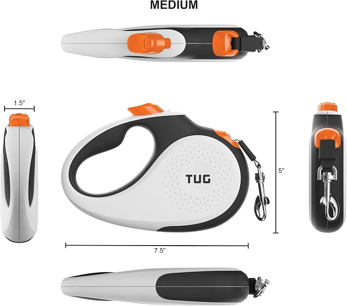 TUG Original Retractable Dog Leash, 16 ft (Medium, White/Orange) | 360° Tangle-Free Retraction, 16 ft Tape, Quick Thumb Lock, Anti-Slip Handle, For Dogs Under 55 lbs