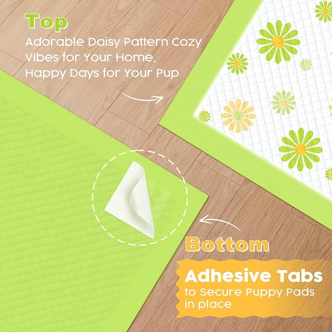 MIZOK Puppy Pads 22"x22", Dog Pee Pads 6-Layer Super Absorbent & Leak-Proof, Daisy Pattern, 4-Corner Adhesive Tabs, Wee Wee Pads for Puppies & Small Dog Breeds, Regular Size (100 Counts)