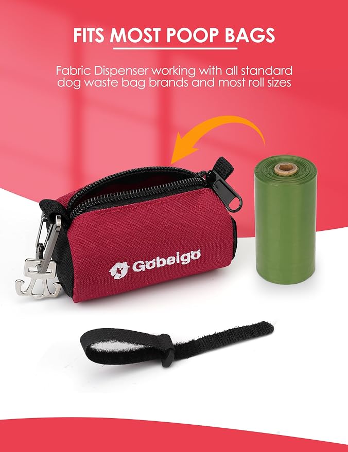 Gobeigo Dog Poop Bag Holder for Leash, Large Opening for Easy Pull Out, Doggy Poo Bag Dispenser with Used Waste Bag Carrier Suitable for Any Retractable Leash with 15 Unscented Bags (Red)