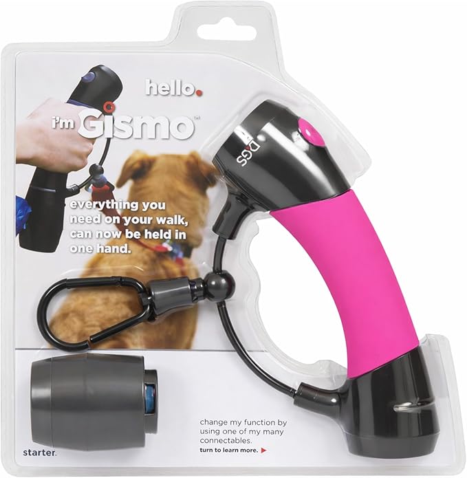 Dog Gone Smart I’m Gismo Handle with Poop Bag Dispenser - Ergonomic One-Hand Leash Holder with Silicone Grip - Smooth Rail System for Controlled Walks - Supports Dogs Up to 85 lbs - Hot Pink