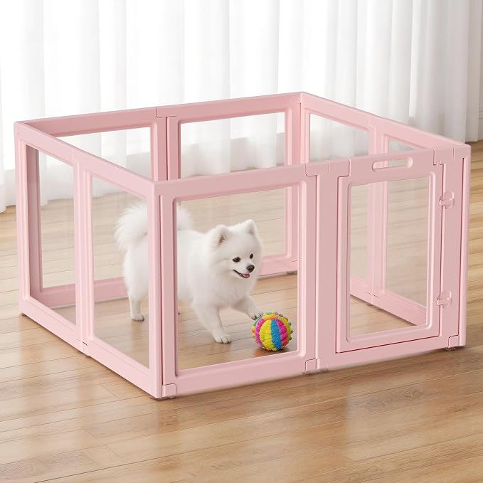 DIY Clear Acrylic Dog Playpen House,Quick Easy Assembly and Disassembly,Strong Floor Suction,Indoor and Outdoor Use,Easy Cleansing Puppy Fence (Skin Pink, 30.3" H, 8PCS)