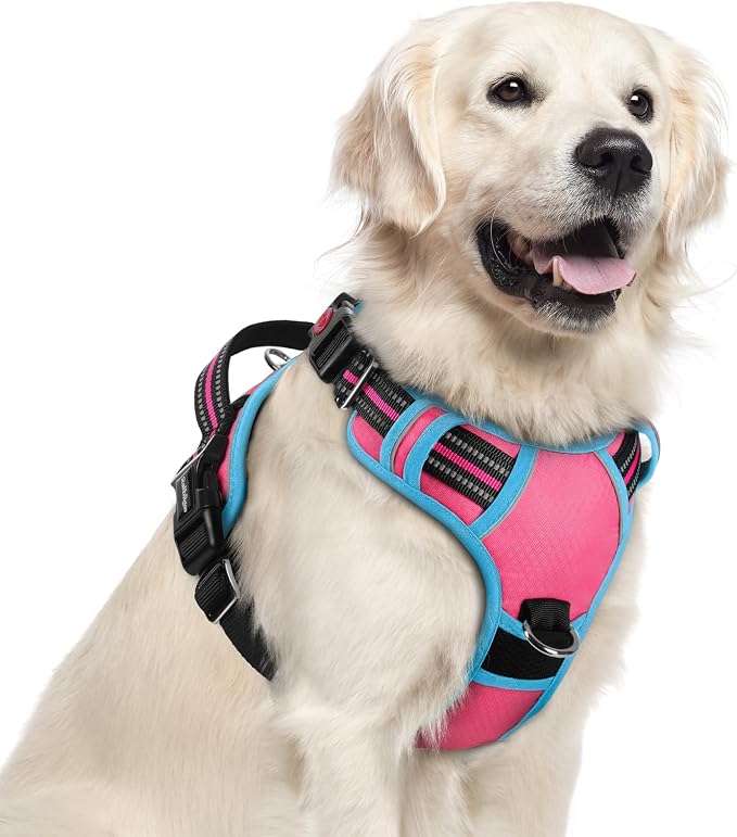 rabbitgoo Dog Harness for Large, No Pull 3 Buckles Easy On & Off | Soft Padded, Walking with Control Handle, Adjustable and Reflective, Pink & Blue, X-Large