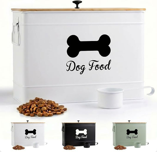 Metal Dog Food Container 15-20 lbs w/ Airtight Bamboo Lid, 20 lbs, Bamboo, White