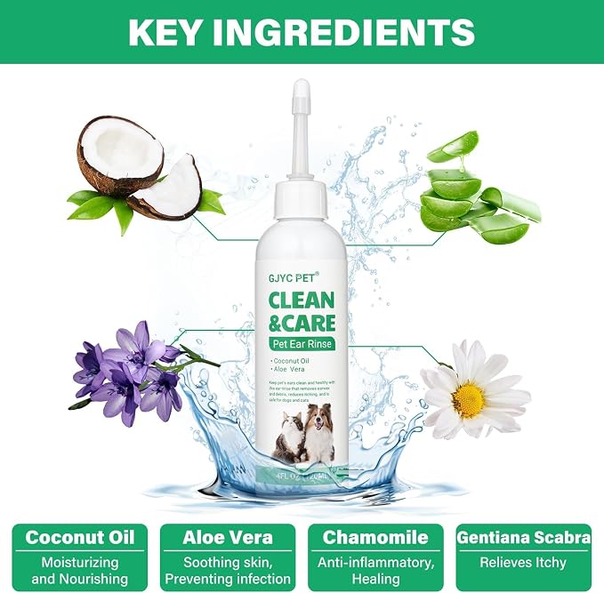 Ear Cleaner for Dogs and Cats with Flexible Long Tube, 4 oz