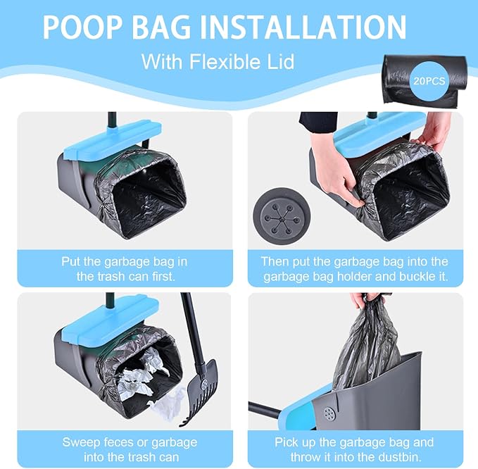 Geyecete Dog Pooper Scooper Pooper Scooper for Dogs - Long Handle Outdoor Cleanup Tool with 35 Waste Bags Dispenser -Portable Pet Waste Pick Up Set