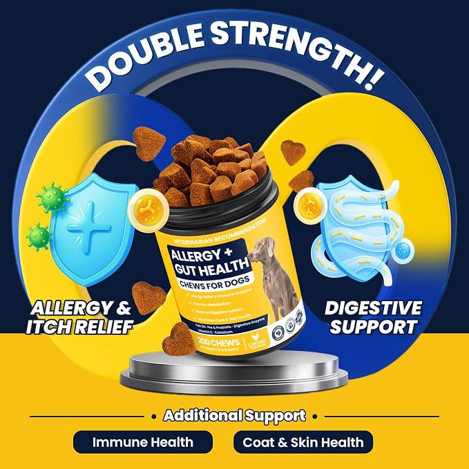 Dog Allergy Chews Probiotics for Dogs For Yeast 200ct, Itchy Skin and Itchy Ears Itch Relief Immune Pre Chews for Pet Digestive Gut Health Anti Itch for Itching and Licking / Dogs Yeast Supplement