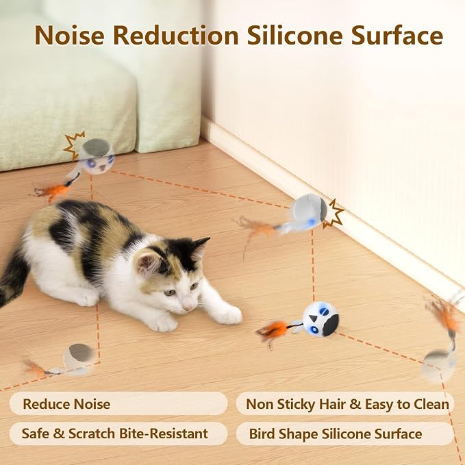 Cat Toys Ball, Smart Motion Sensor Moving Ball with 4 Sounds& 3 Speed Modes | Interactive Automatic Cat Toy for Indoor Cats,Fast Rolling Motion Activated Chirping Stimulating Light, 2 Feather Refill