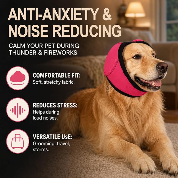 Noise Cancelling Ear Wrap, Dog No Shake Ear Wraps, Comfortable Quiet Dogs Calming Hoodie, Adjustable, Effectively isolates Noise from Fireworks, Thunder, and Vacuum Cleaners (Magenta, L)