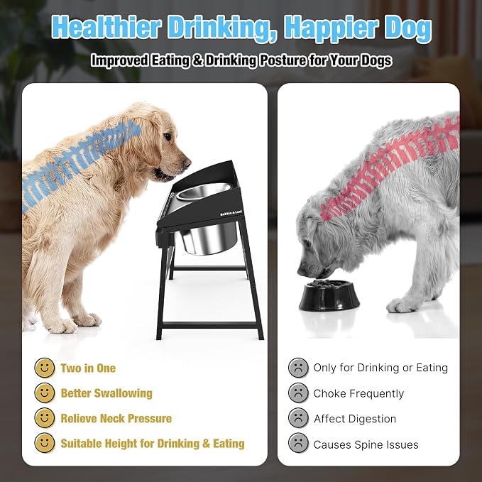 Spill Proof Tilted Elevated Dog Bowls for Large Breed, 15“ Tall Raised Dog Bowl with Stand, Stainless Steel Dog Food Bowl & Water Bowl Set for Indoor & Outdoor Use, Easy Clean Large Dog Bowl Dog Dish