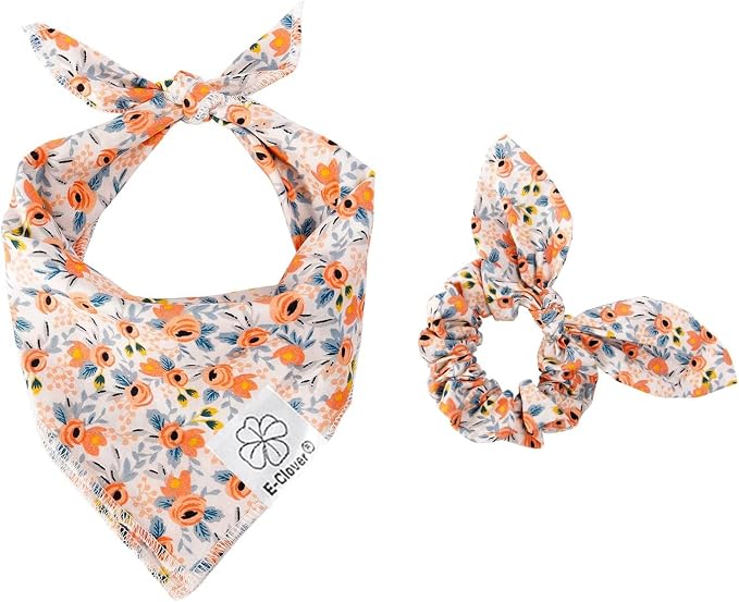 E-Clover Floral Dog Bandanas Girl Matching Dog Bandana and Scrunchie Small, Small-set of 1, Small