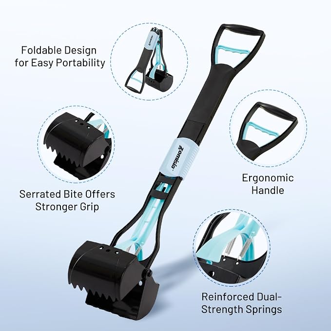 ZOMISIA 32" Pooper Scooper with Waste Bags - Poop Scooper for Large Dogs with Long Handle High Strength Material and Durable Spring for Yard, 30 Count Poop Bags