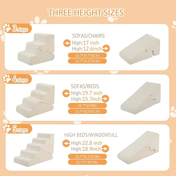 Dog Ramp for Bed, 20" H Dog Stairs for High Bed, 2 in 1 Pet Steps for Small Dogs, 4-Step Foldable Transformable Large Cats Ramp to Get on Couch, Non-Slip Balanced, Beige