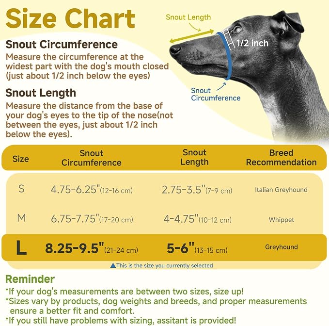 Soft Mesh Muzzle for Greyhound Whippet Long Narrow-Snouted Dogs | Prevent Excessive Biting Chewing Eating, Grooming Nail Trimming Walking Vet Visits Use, Allowing Drinking, Breathable | L