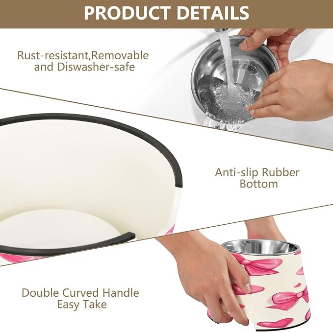 YETTASBIN Bow Pink Elevated Dog Bowls, Prevention of Vertebrae Disease Raised Dog & Cat Bowl Stand with Removable Stainless Steel Bowls, Non-Slip Spill-Proof Pet Food & Water Bowl Dish