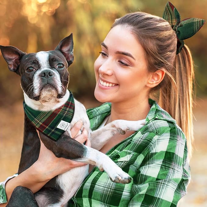 E-Clover Christmas Cute Dog Bandanas Plaid Dog Bandana Matching Scrunchie Pet Kerchief Scarf for, Large-set of 1, Medium, Green