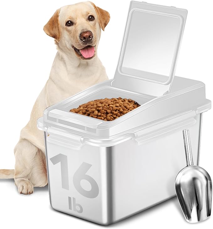 Newget 11 lb Stainless Steel Dog Food Storage Container with Scoop, 11 lb, Stainless Steel, White