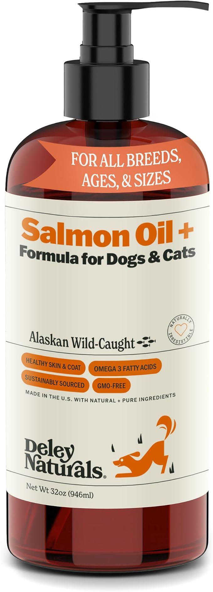 Deley Naturals Wild Alaskan Salmon Oil for Dogs & Cats - New and Improved Salmon Oil Plus Formula - Fish Oil for Dogs with Omega 3, DHA and EPA - Omega 3 for Healthy Skin and Coat - 32oz Made in USA
