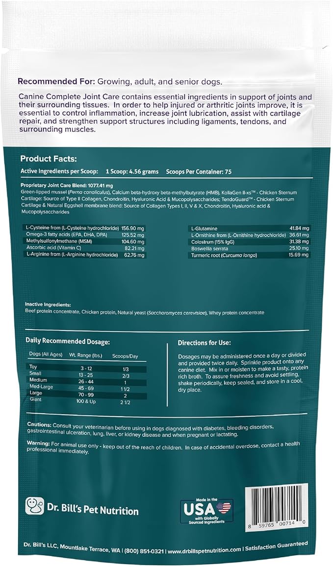 Dr. Bill’s Canine Complete Joint Care – Advanced Hip & Joint Supplement for Dogs – Supports Mobility, Cartilage & Muscle with HMB, Multi-Collagen, Green Lipped Mussel & Turmeric