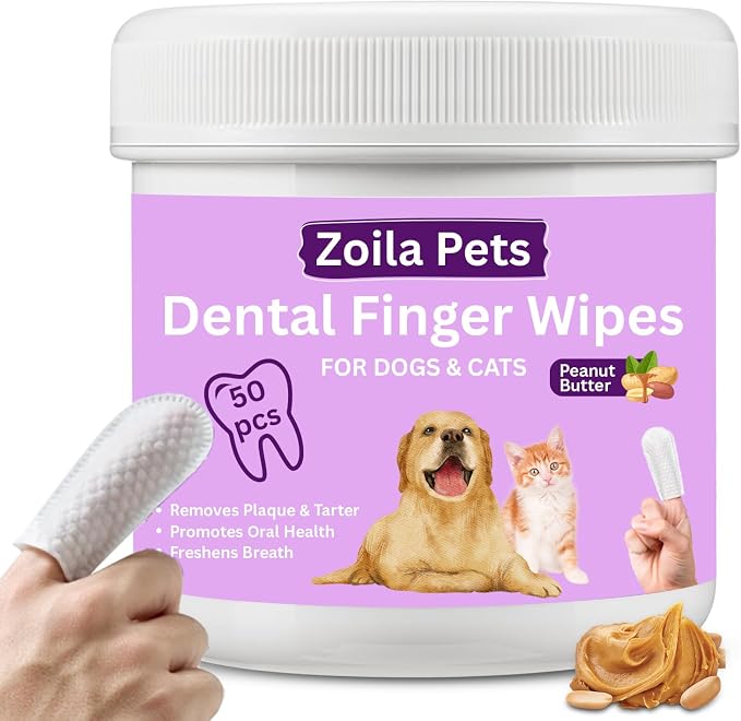Dental Wipes Peanut Butter Scent – Best Dog Teeth Cleaning, Dog Dental Wipes for Dogs Teeth, Finger Toothbrush for Dogs and Cats, Oral Care, Remove Plaque, Tartar & Bad Breath – 50 Count