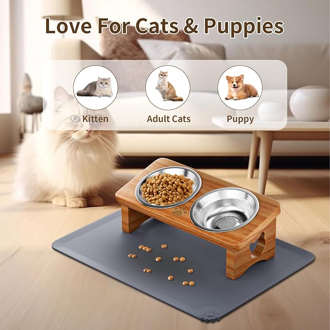 Elevated Cat Bowls with Silicone Mat, 15° Tilted Solid Wood Stand, Raised Stainless Steel Food & Water Dishes for Cats and Small Dogs, Anti-Vomiting Design(Teak)