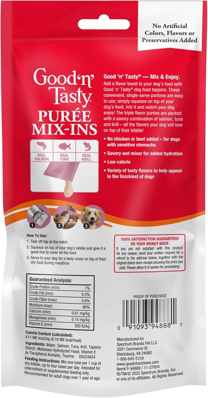 Good 'n' Tasty Triple Flavor Puree Mix-Ins Dog Food Topper Treats for All Dogs, 7 Count, Easy Single-Serve Portions, Added Protein with Salmon, Tuna and Krill, No Chicken or Beef Added