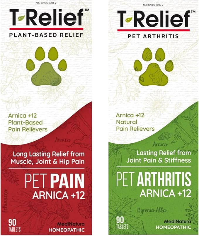 MediNatura Plant-Powered Pet Pain Relief Bundle T-Relief Pet Pain Tablets (90) + T-Relief Pet Arthritis (90) 12 Plant-Based Homeopathic Pain Relievers with Arnica - Support for Muscles, Joints + HIPS