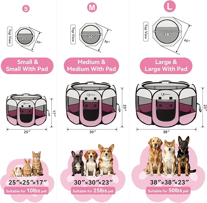 Siedihit Dog Cat Playpen, Puppy Pet Playpen Indoor for Small Dog Crate Tent Cage Outdoor, Portable Pop Up Dogs Enclosure Kennel with Carrying Case for Dogs/Cats/Rabbits(Pink, Small with pad)
