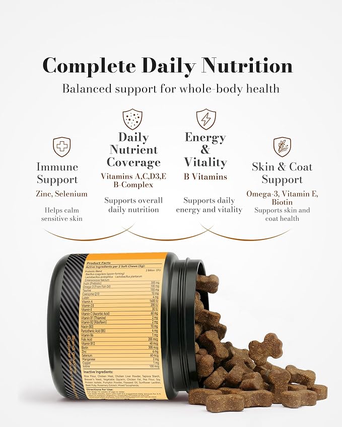 Dog Multivitamin Soft Chews, Daily Vitamins for Dogs, 120 Count | Dog Vitamins & Minerals for Heart & Vision Support, 23 Active Ingredients with CoQ10, Taurine, Lutein & Omega-3 Fish Oil