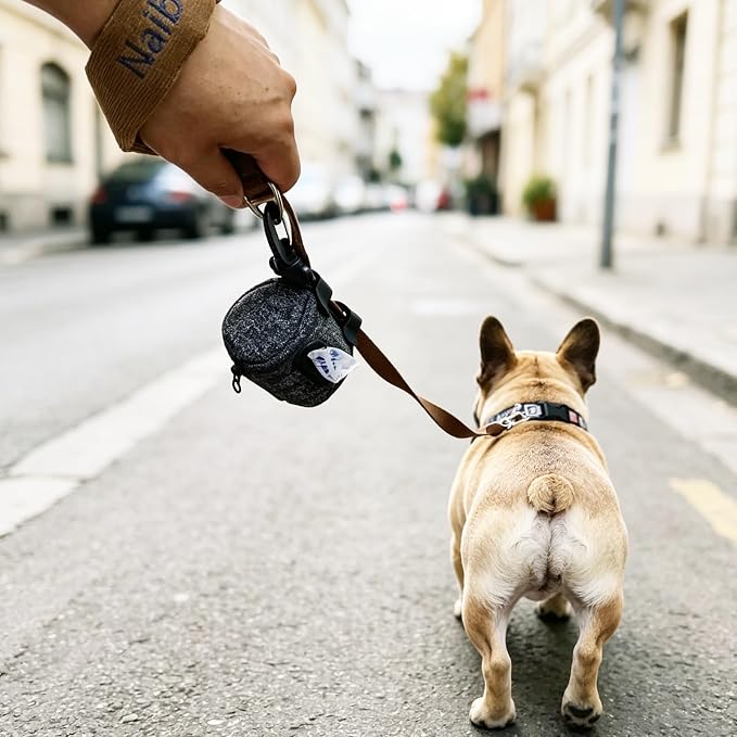 Dog Poop Bag Dispenser for Leash, Corduroy Pet Waste Bag Holder with Clip, Portable Cute Embroidered Poop Bag Carrier with Zipper, Fits Standard Size Poop Bag Rolls (Dark denim)