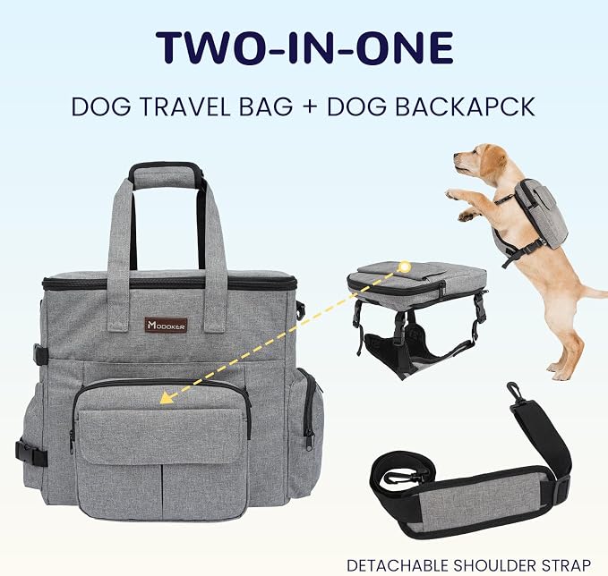 Modoker Dog Travel Organizer with 2 Collapsible Bowls & Food Containers