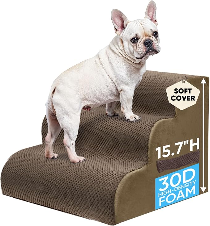 PAWSCRAT Pet Stairs for Dogs 3-Step, 15.7" H Pet Stairs for High Bed, Couch Sofa & Chair, 30D Material Soft Foam Dog Steps with Non-Slip Bottom Surface Removable Washable Cover, Brown