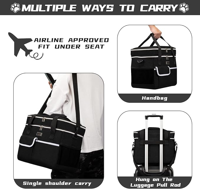 BAGLHER Dog Travel Bag, Double-Layer, with Food Containers & Bowls, Black