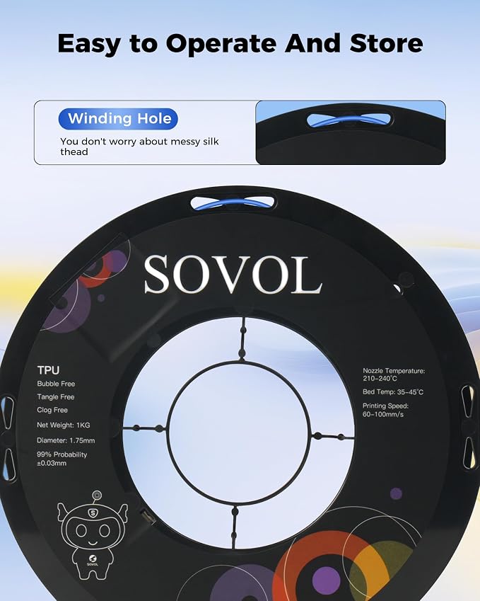 Sovol TPU Filament 1.75mm, 95A Soft TPU Flexible 3D Printer Filament with High Elasticity, 1kg (2.2lbs), Dimensional Accuracy +/- 0.03 mm, Fit Most FDM Printer, Clear Blue